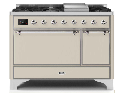 48" ILVE Majestic II Dual Fuel Natural Gas Freestanding Range in Antique White with Chrome Trim - UM12FDQNS3/AWC NG