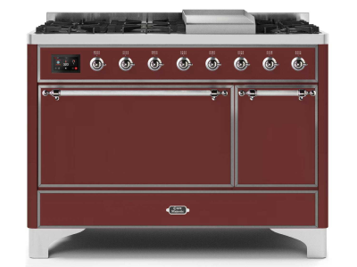 48" ILVE Majestic II Dual Fuel Natural Gas Freestanding Range in Burgundy with Chrome Trim - UM12FDQNS3/BUC NG