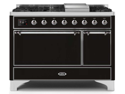 48" ILVE Majestic II Dual Fuel Natural Gas Freestanding Range in Glossy Black with Chrome Trim - UM12FDQNS3/BKC NG