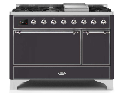 48" ILVE Majestic II Dual Fuel Natural Gas Freestanding Range in Matte Graphite with Chrome Trim - UM12FDQNS3/MGC NG
