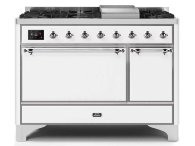 48" ILVE Majestic II Dual Fuel Natural Gas Freestanding Range in White with Chrome Trim - UM12FDQNS3/WHC NG