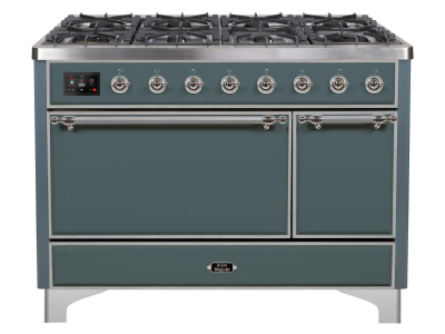 48" ILVE Majestic II Dual Fuel Natural Gas Freestanding Range in Blue Grey with Chrome Trim - UM12FDQNS3/BGC NG