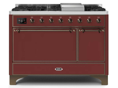 48" ILVE Majestic II Dual Fuel Natural Gas Freestanding Range in Burgundy with Bronze Trim - UM12FDQNS3/BUB NG