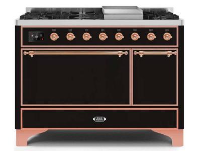 48" ILVE Majestic II Dual Fuel Natural Gas Freestanding Range in Glossy Black with Copper Trim - UM12FDQNS3/BKP NG
