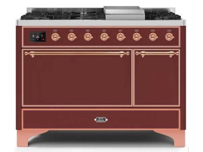 48" ILVE Majestic II Dual Fuel Natural Gas Freestanding Range in Burgundy with Copper Trim - UM12FDQNS3/BUP NG