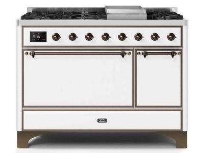48" ILVE Majestic II Dual Fuel Natural Gas Freestanding Range in White with Bronze Trim - UM12FDQNS3/WHB NG