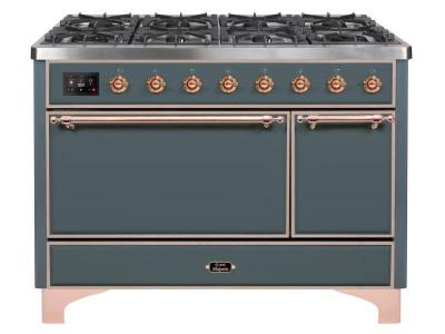 48" ILVE Majestic II Dual Fuel Natural Gas Freestanding Range in Blue Grey with Copper Trim - UM12FDQNS3/BGP NG
