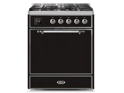 30" ILVE Majestic II Dual Fuel Freestanding Range in Glossy Black with Chrome Trim - UM30DQNE3/MGC NG