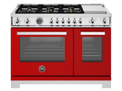 48" Bertazzoni Professional Series Dual Fuel Range with 6 Brass Burners in Rosso - PRO486BTFEPROT