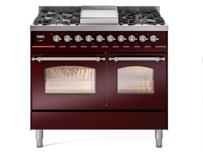 40" ILVE Nostalgie II Dual Fuel Natural Gas Freestanding Range in Burgundy with Chrome Trim - UPD40FNMP/BUC NG