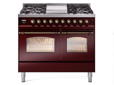 40" ILVE Nostalgie II Dual Fuel Natural Gas Freestanding Range in Burgundy with Bronze Trim - UPD40FNMP/BUB NG