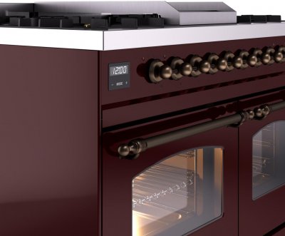 40" ILVE Nostalgie II Dual Fuel Natural Gas Freestanding Range in Burgundy with Bronze Trim - UPD40FNMP/BUB NG