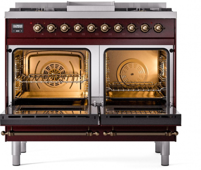 40" ILVE Nostalgie II Dual Fuel Natural Gas Freestanding Range in Burgundy with Bronze Trim - UPD40FNMP/BUB NG