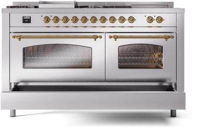 60" ILVE Nostalgie II Dual Fuel Natural Gas Freestanding Range in Stainless Steel with Brass Trim - UP60FSNMP/SSG NG