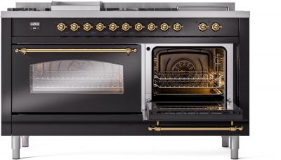 60" ILVE Nostalgie II Dual Fuel Natural Gas Freestanding Range in Glossy Black with Brass Trim - UP60FSNMP/BKG NG