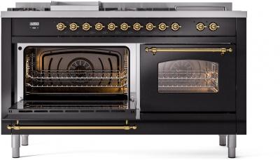 60" ILVE Nostalgie II Dual Fuel Natural Gas Freestanding Range in Glossy Black with Brass Trim - UP60FSNMP/BKG NG