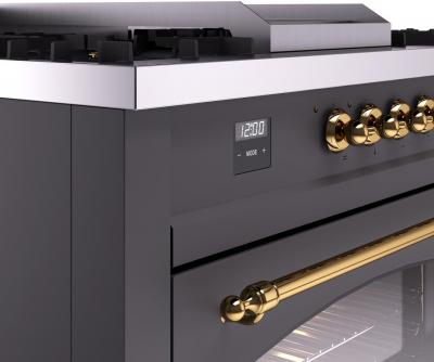 60" ILVE Nostalgie II Dual Fuel Natural Gas Freestanding Range in Matte Graphite with Brass Trim - UP60FSNMP/MGG NG