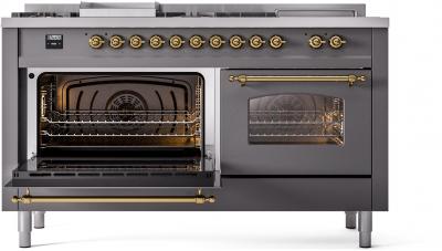 60" ILVE Nostalgie II Dual Fuel Natural Gas Freestanding Range in Matte Graphite with Brass Trim - UP60FSNMP/MGG NG