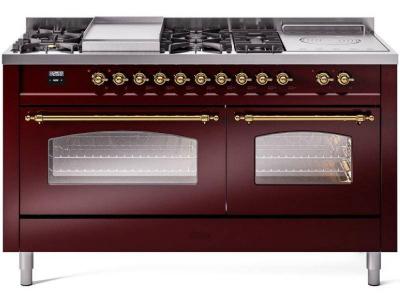 60" ILVE Nostalgie II Dual Fuel Natural Gas Freestanding Range in Burgundy with Brass Trim - UP60FSNMP/BUG NG