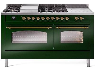 60" ILVE Nostalgie II Dual Fuel Natural Gas Freestanding Range in Emerald Green with Brass Trim - UP60FSNMP/EGG NG