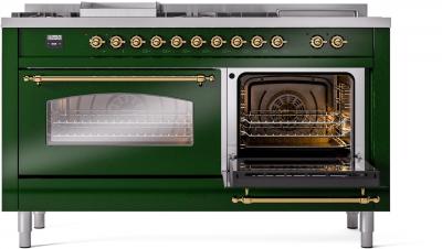 60" ILVE Nostalgie II Dual Fuel Natural Gas Freestanding Range in Emerald Green with Brass Trim - UP60FSNMP/EGG NG