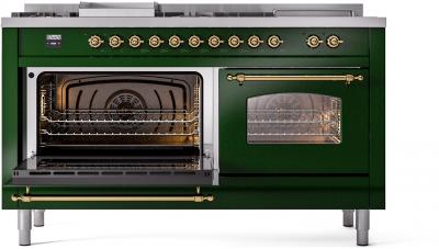 60" ILVE Nostalgie II Dual Fuel Natural Gas Freestanding Range in Emerald Green with Brass Trim - UP60FSNMP/EGG NG