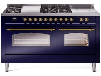 60" ILVE Nostalgie II Dual Fuel Natural Gas Freestanding Range in Blue with Brass Trim - UP60FSNMP/MBG NG