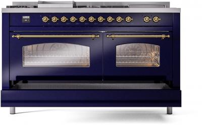 60" ILVE Nostalgie II Dual Fuel Natural Gas Freestanding Range in Blue with Brass Trim - UP60FSNMP/MBG NG