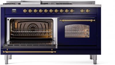 60" ILVE Nostalgie II Dual Fuel Natural Gas Freestanding Range in Blue with Brass Trim - UP60FSNMP/MBG NG