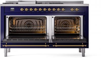 60" ILVE Nostalgie II Dual Fuel Natural Gas Freestanding Range in Blue with Brass Trim - UP60FSNMP/MBG NG