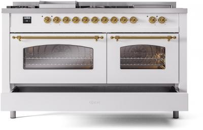 60" ILVE Nostalgie II Dual Fuel Natural Gas Freestanding Range in White with Brass Trim - UP60FSNMP/WHG NG