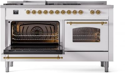 60" ILVE Nostalgie II Dual Fuel Natural Gas Freestanding Range in White with Brass Trim - UP60FSNMP/WHG NG