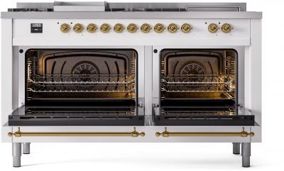 60" ILVE Nostalgie II Dual Fuel Natural Gas Freestanding Range in White with Brass Trim - UP60FSNMP/WHG NG