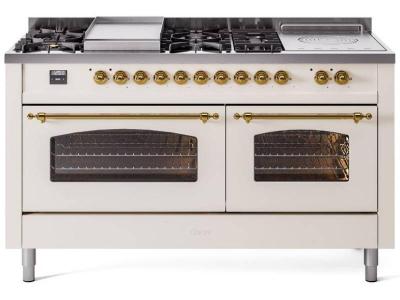 60" ILVE Nostalgie II Dual Fuel Natural Gas Freestanding Range in Antique White with Brass Trim - UP60FSNMP/AWG NG