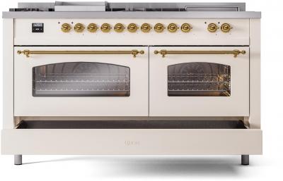 60" ILVE Nostalgie II Dual Fuel Natural Gas Freestanding Range in Antique White with Brass Trim - UP60FSNMP/AWG NG