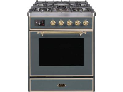 30" ILVE Majestic II Dual Fuel Natural Gas Freestanding Range in Blue Grey with Brass Trim - UM30DNE3/BGG LP