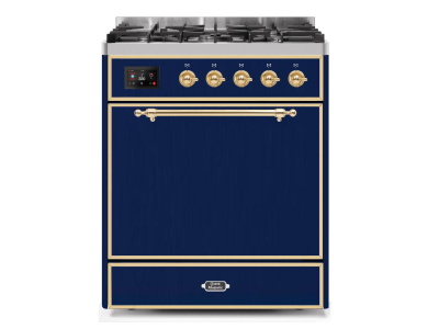 30" ILVE Majestic II Dual Fuel Freestanding Range in Blue with Brass Trim -UM30DQNE3/MBG NG