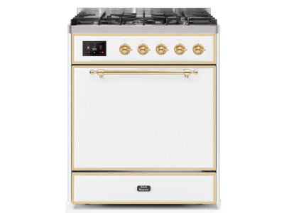30" ILVE Majestic II Dual Fuel Freestanding Range in White with Brass Trim - UM30DQNE3/WHG NG