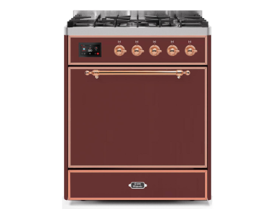 30" ILVE Majestic II Dual Fuel Freestanding Range in Burgundy with Copper Trim - UM30DQNE3/BUP NG