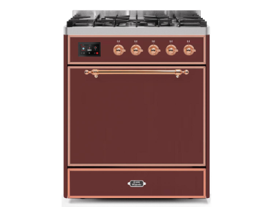 30" ILVE Majestic II Dual Fuel Freestanding Range in Burgundy with Copper Trim - UM30DQNE3/BUP LP