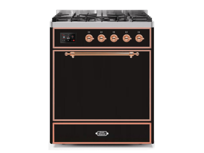 30" ILVE Majestic II Dual Fuel Freestanding Range in Glossy Black with Copper Trim - UM30DQNE3/BKP LP