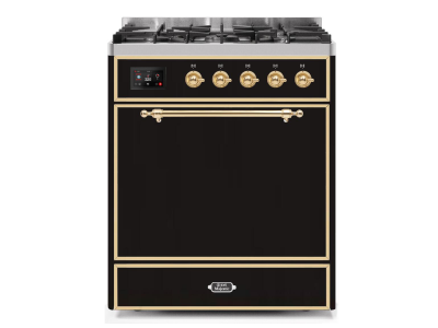 30" ILVE Majestic II Dual Fuel Freestanding Range in Glossy Black with Brass Trim - UM30DQNE3/BKG LP