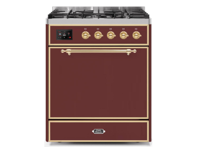 30" ILVE Majestic II Dual Fuel Freestanding Range in Burgundy with Brass Trim - UM30DQNE3/BUG NG