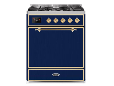 30" ILVE Majestic II Dual Fuel Freestanding Range in Blue with Brass Trim -UM30DQNE3/MBG LP