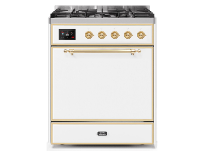 30" ILVE Majestic II Dual Fuel Freestanding Range in White with Brass Trim - UM30DQNE3/WHG LP