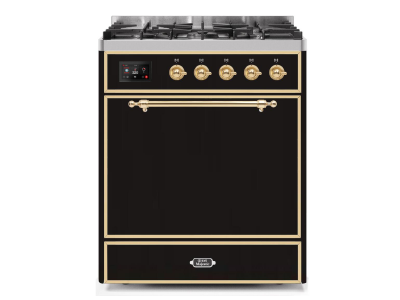 30" ILVE Majestic II Dual Fuel Freestanding Range in Glossy Black with Brass Trim - UM30DQNE3/BKG NG