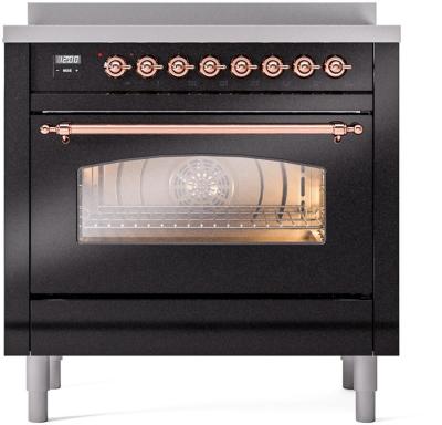 36" ILVE Nostalgie II Electric Freestanding Range in Glossy Black with Copper Trim - UPI366NMP/BKP