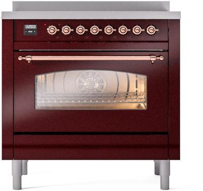 36" ILVE Nostalgie II Electric Freestanding Range in Burgundy with Copper Trim - UPI366NMP/BUP